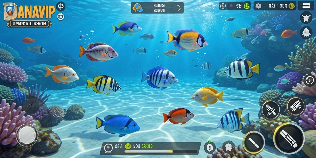 Screenshot utama DANAVIP menampilkan aksi seru Tembak Ikan.
