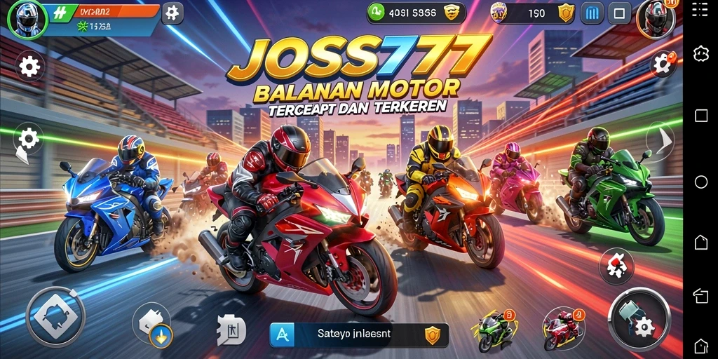 Tampilan gameplay dari JOSS777 dengan motor balap kecepatan tinggi.