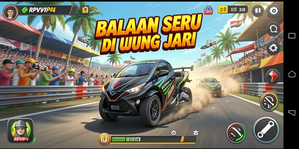 Screenshot gameplay RPVIP4 menampilkan balapan penuh aksi dan kecepatan.