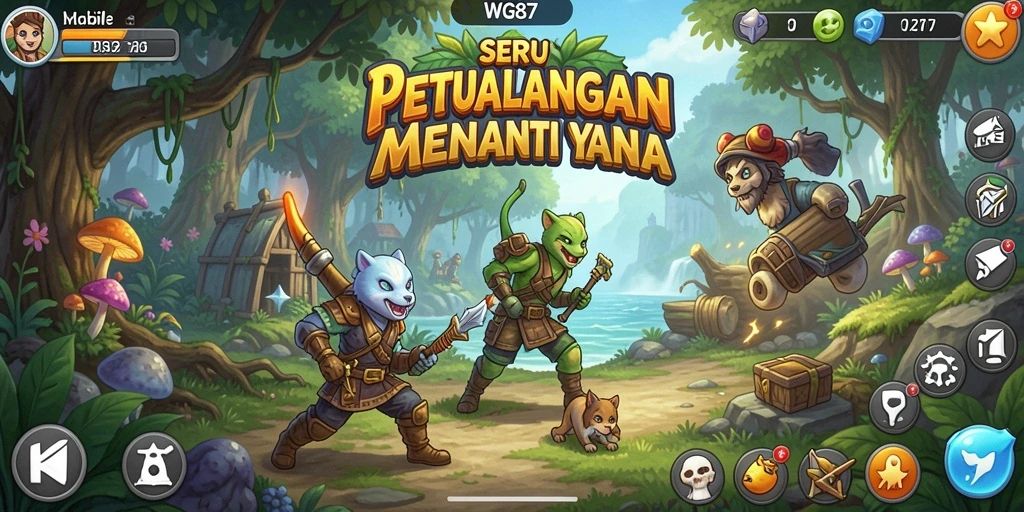 Screenshot utama WG87 menampilkan karakter dalam misi petualangan.